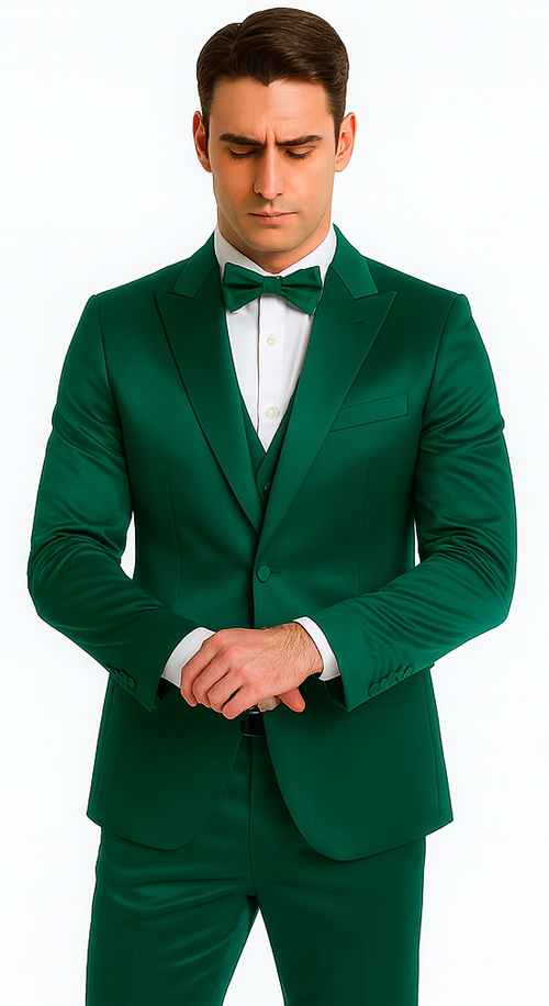 Stylish Green Satin 3 Piece Slim Fit Tazzio Men's Suit with Peak Lapel Suit