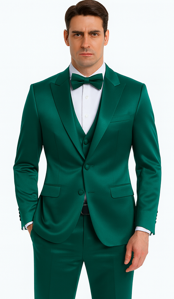 Stylish Green Satin 3 Piece Slim Fit Tazzio Men's Suit with Peak Lapel Suit