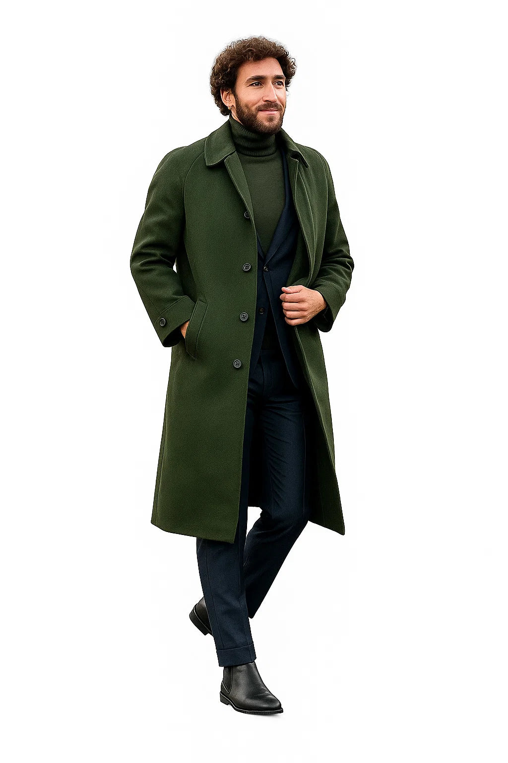 Men’s Olive Green Wool Overcoat Outfit – Winter Business Casual Style - Coat Size 28