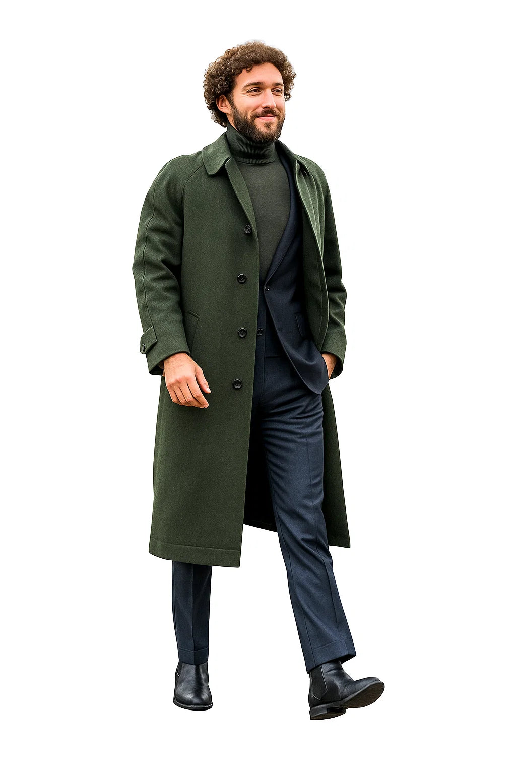 Men’s Olive Green Wool Overcoat Outfit – Winter Business Casual Style - Coat Size 28