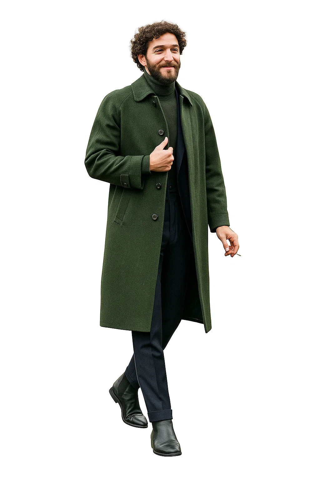 Men’s Olive Green Wool Overcoat Outfit – Winter Business Casual Style - Coat Size 28
