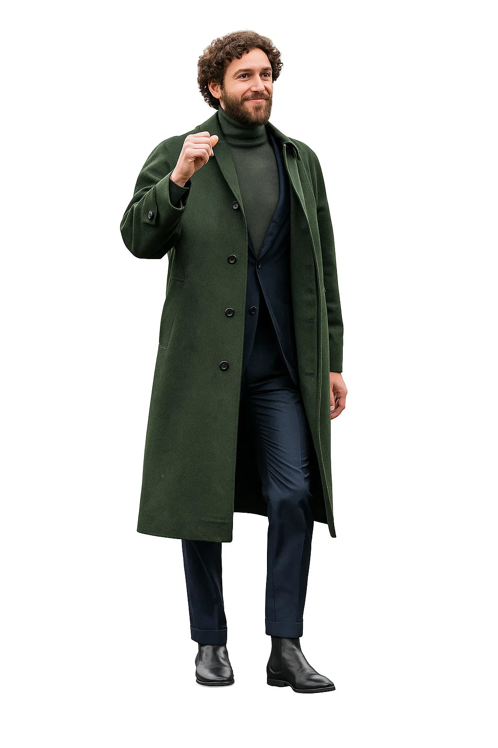 Men’s Olive Green Wool Overcoat Outfit – Winter Business Casual Style - Coat Size 28