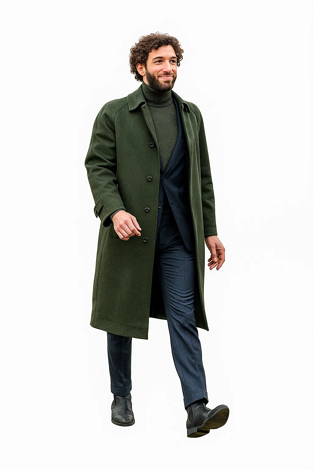 Men’s Olive Green Wool Overcoat Outfit – Winter Business Casual Style - Coat Size 28