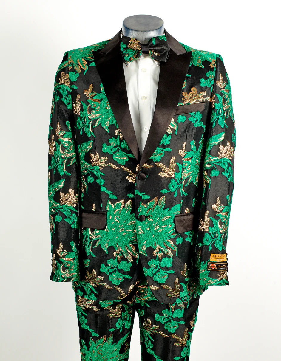 Mens 2 Button Hunter Green, Gold, & Black Floral Paisley Tuxedo