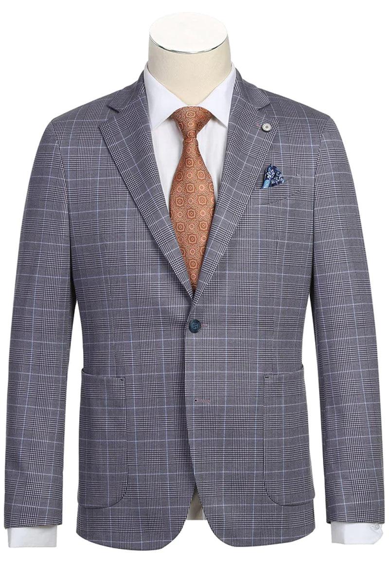 "Sophisticated Prom and Wedding Attire: Grey Blue Windowpane Plaid Pelago Half Canvas Sport Coat Blazer" - Grey