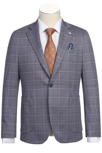Pelago Blazer: Men's Navy Windowpane Slim Cotton Patch Pockets