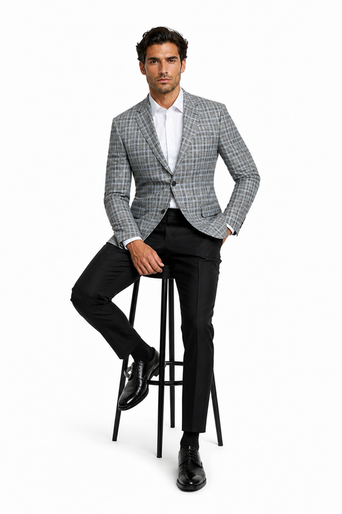Grey Wool Modern Fit Plaid blazers Sport Coat
