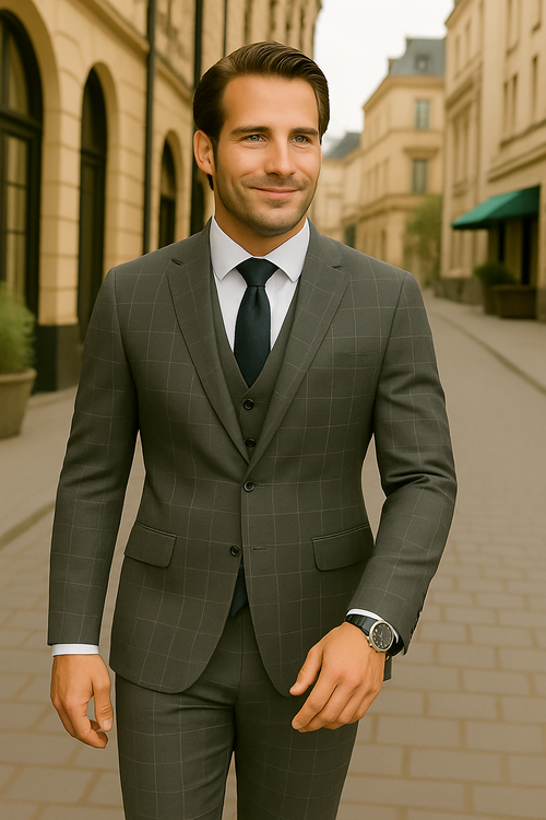 Modern Fit - Wool Suit - Italian Made Business Suit by Statement Men's 3 Piece 100% Wool Modern Fit Suit - Fashion Pattern