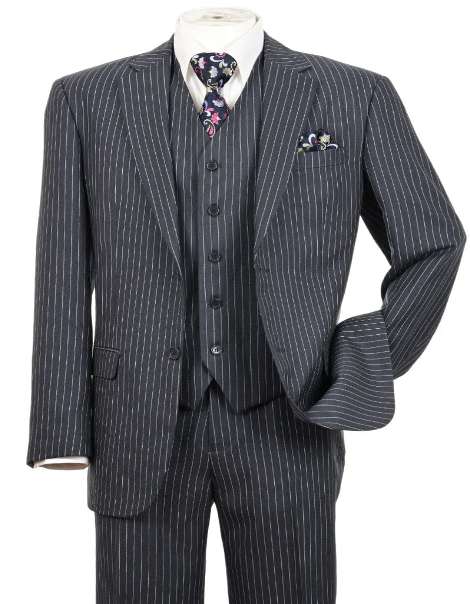 Mens Tan Pinstripe Three Button Suit – 1920s Gangster Vintage 3-Piece Suit with Wide-Leg Pants and Fedora Style in Beige Color