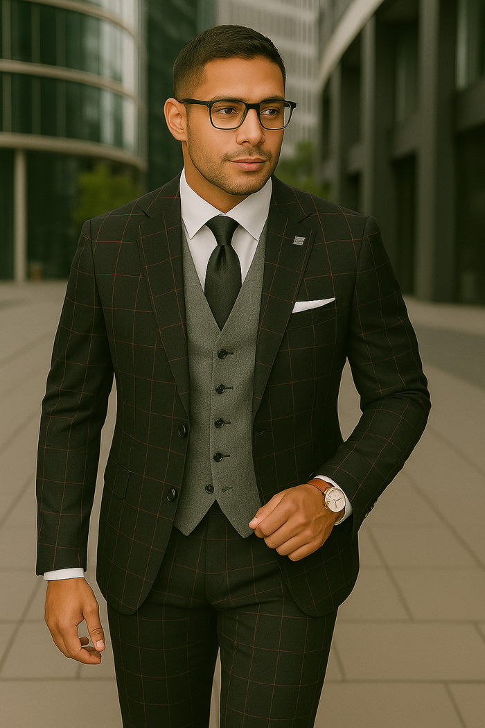 Modern Fit - Wool Suit - Italian Made Business Suit by Statement Men's 3 Piece 100% Wool Modern Fit Suit - Bold Accent Color