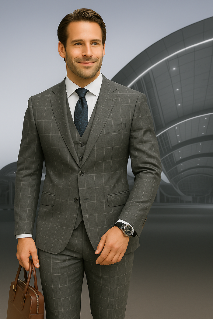 Modern Fit - Wool Suit - Italian Made Business Suit by Statement Men's 3 Piece 100% Wool Modern Fit Suit - Fashion Pattern