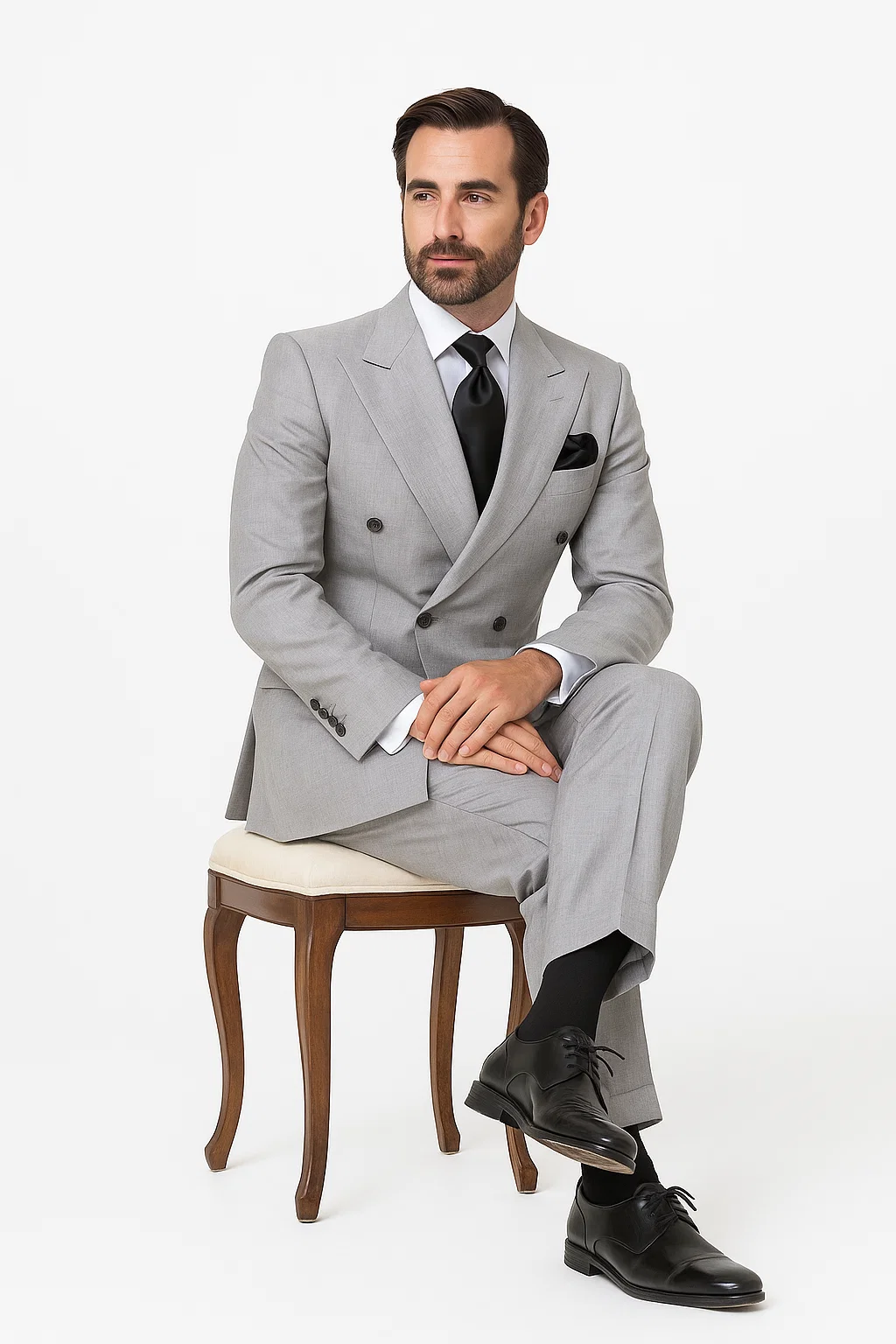 Suits With Baggy Pleated Pants - Wide Leg Pants 100% Wool - Classic Fit in Grey Color by Rossiman - 38 Regular