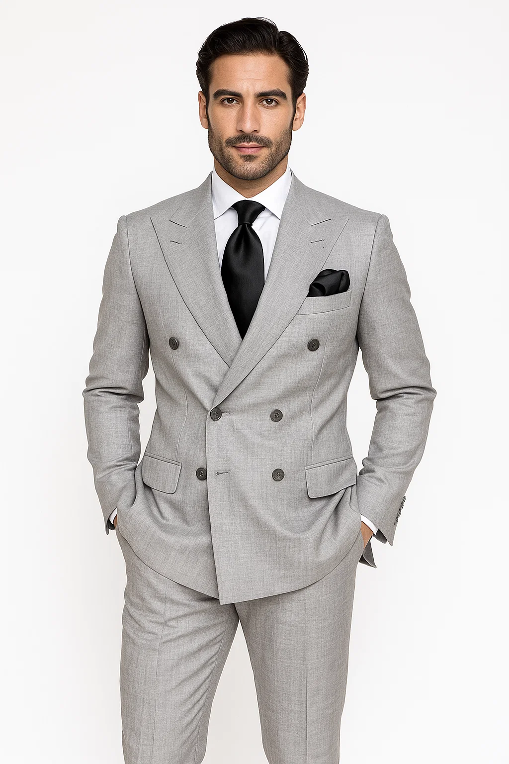 Suits With Baggy Pleated Pants - Wide Leg Pants 100% Wool - Classic Fit in Grey Color by Rossiman - 38 Regular