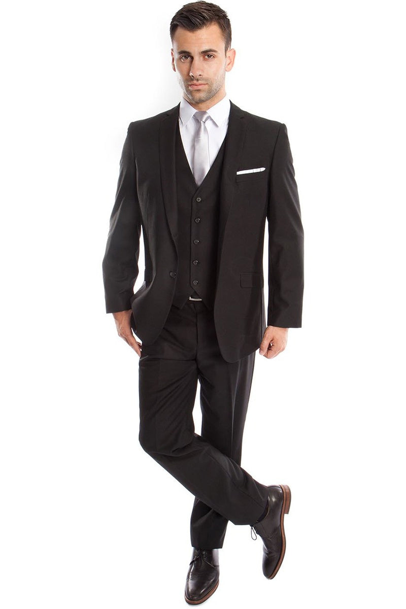 "Black Slim Fit Men's Wedding Suit - Two Button Basic Vested"