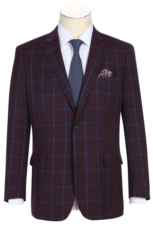 "Men's Slim Fit Two-Button Sport Coat Blazer - Burgundy & Blue Windowpane Plaid"