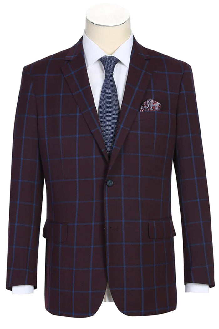 "Men's Slim Fit Two-Button Sport Coat Blazer - Burgundy & Blue Windowpane Plaid"