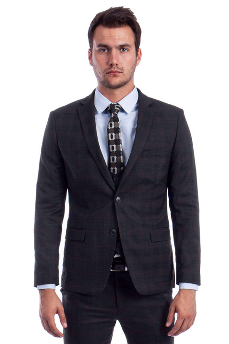 "Black Plaid Men's Skinny Fit Suit with Two-Button Vest - Low Cut"