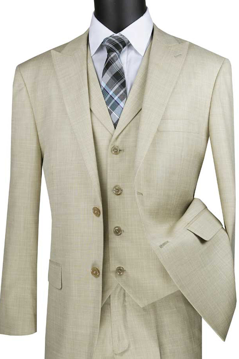Stretch Fabric - Slim Fit - Mens Vested 2 Button Wide Peak Lapel Textured Summer Suit in Putty -  Sand Light Tan Color - 36 Short