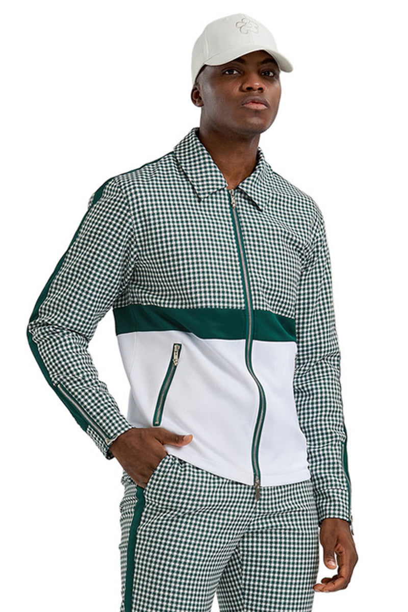 "Houndstooth Men's Casual Walking Suit Jacket & Pant Set in Hunter Green" - X-Small
