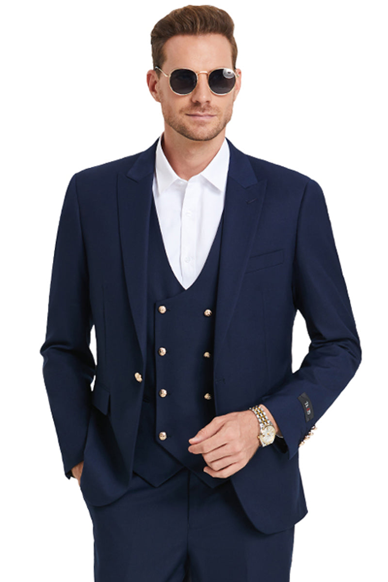 "Navy Blue Men's Vested Suit with Gold Buttons - One Button Peak Lapel"
