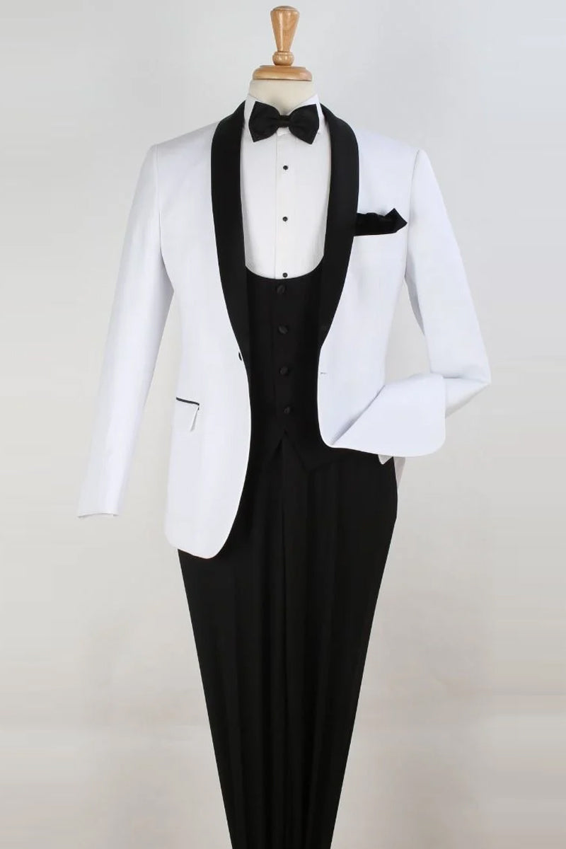 "White Shawl Tuxedo: Men's 1-Button Scoop Vested Suit"