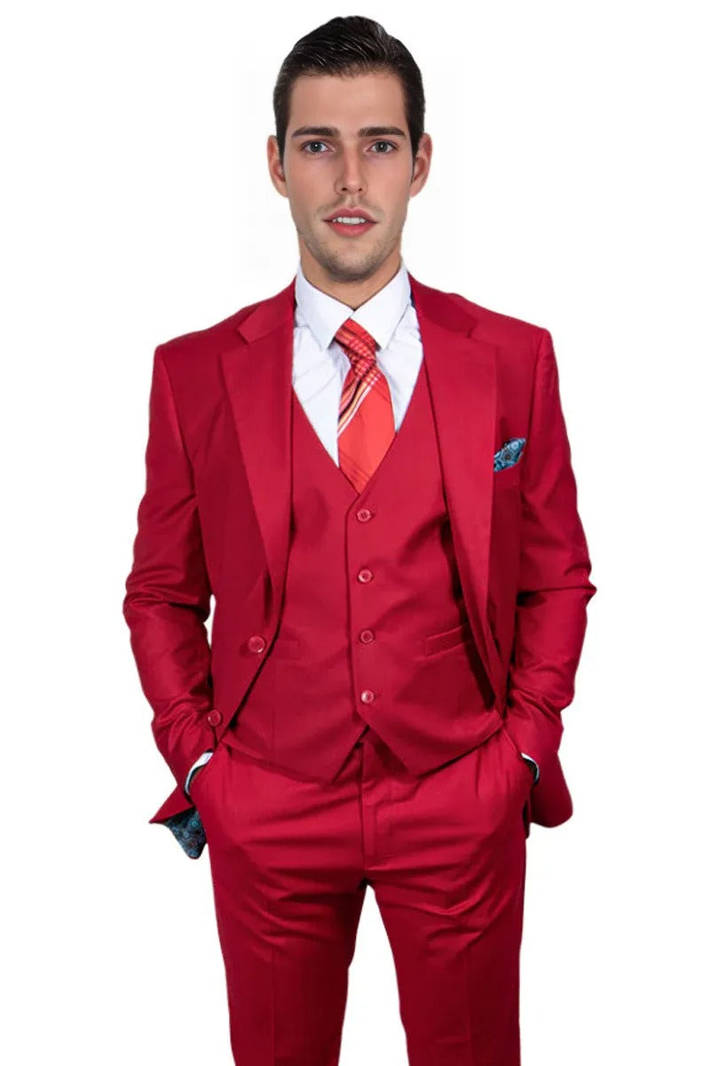 "Mens Stacy Adams Suit - Stacy Adams Suit Men's Two Button Vested Basic Suit in Red" - 34 Regular