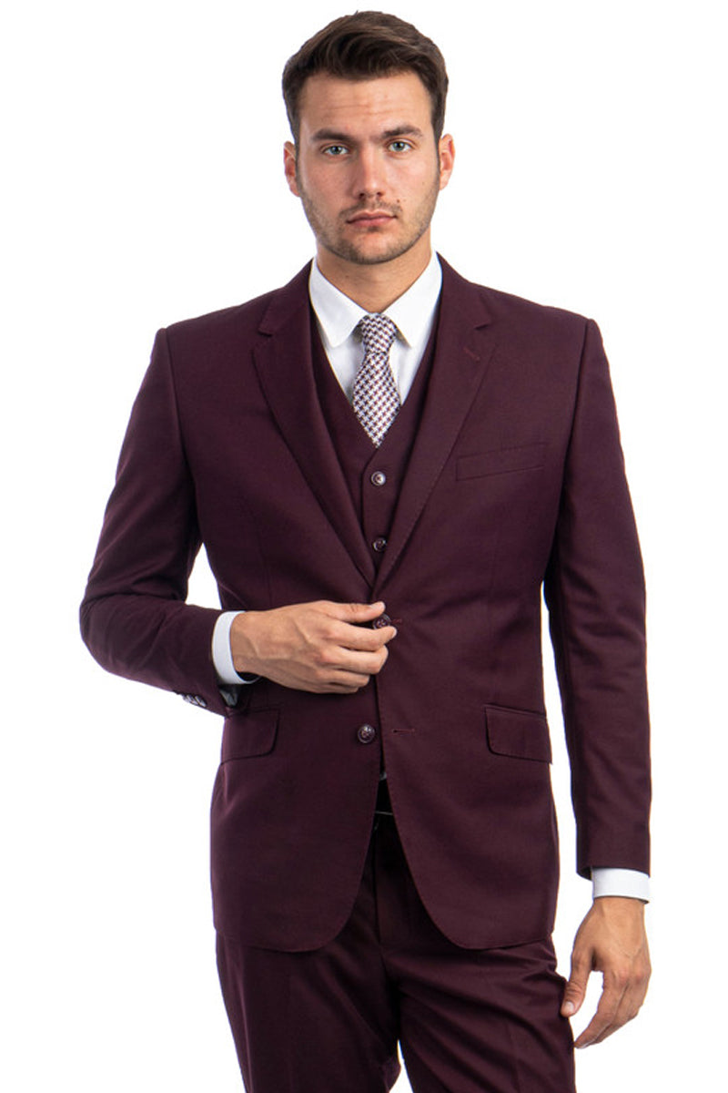 Burgundy Men's Designer Modern Fit Wool Suit - Two Button Vested