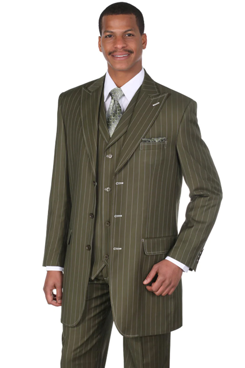 "Vintage Gangster Pinstripe Men's Suit with Vest - Olive Green"