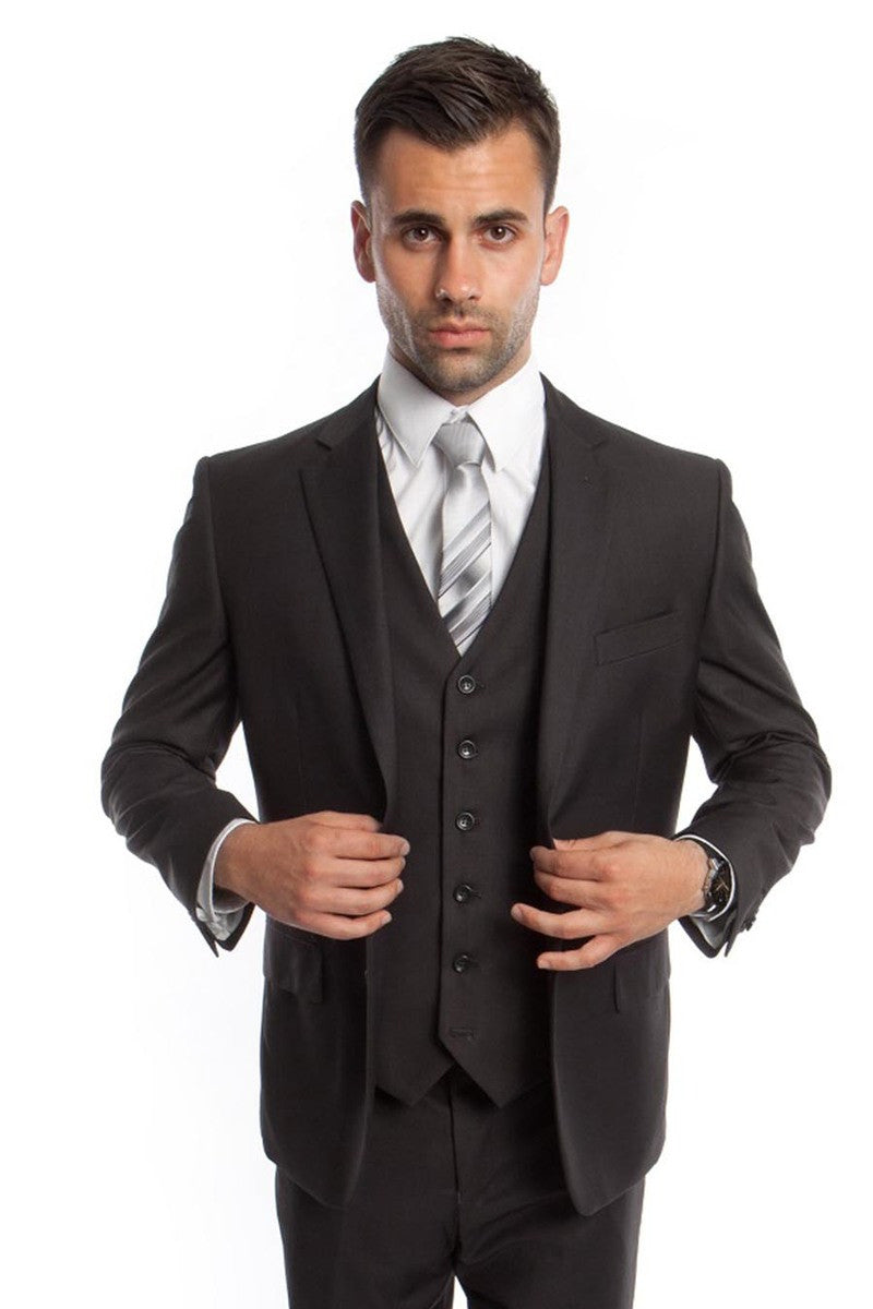 "Dark Grey Men's Wedding & Business Suit - Two Button Vested Solid Color"