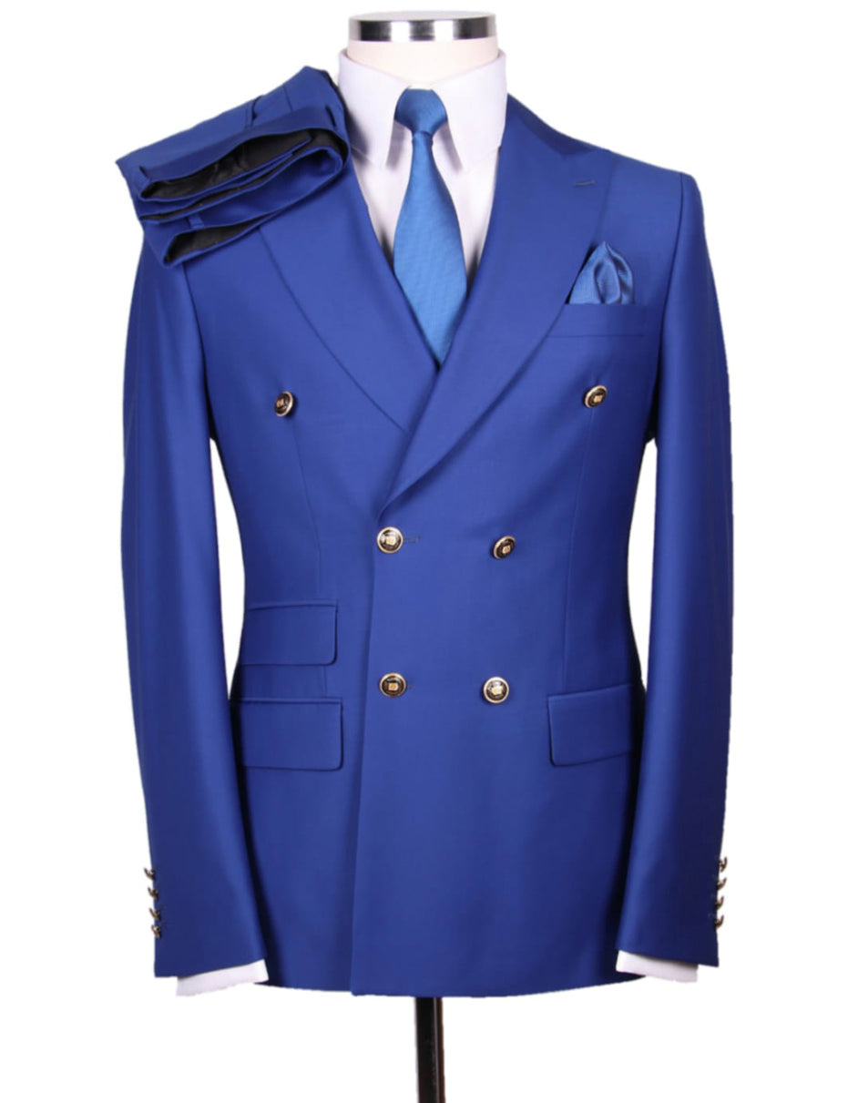 Mens Designer Modern Fit Double Breasted Wool Suit with Gold Buttons in Cobalt Blue - 38 Short Jacket+32 Waist Adjustable 28to34)(Height: 5 4 to5 7 )(Neck  15-16.5)S-M)