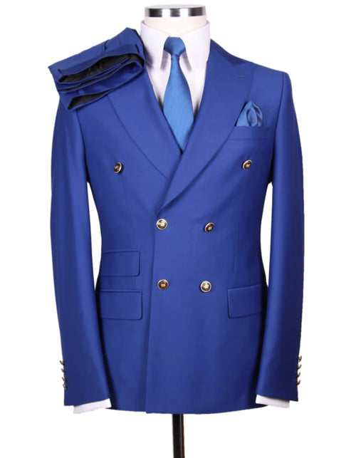 Mens Double breasted Suit - "Cobalt Blue" 1920s 1980s Style Peak Lapel Suits -Â  Back Side VentedÂ  Mens Designer Modern Fit Double Breasted Wool Suit with Gold Buttons in Cobalt Blue
