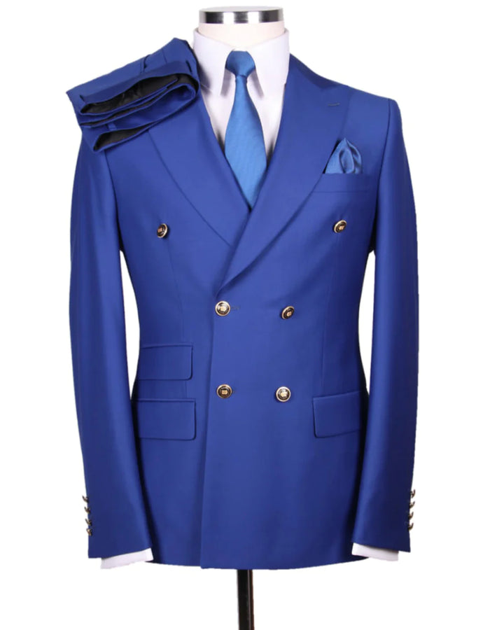Mens Double breasted Suit - "Cobalt Blue" 1920s 1980s Style Peak Lapel Suits -Â  Back Side VentedÂ  Mens Designer Modern Fit Double Breasted Wool Suit with Gold Buttons in Cobalt Blue