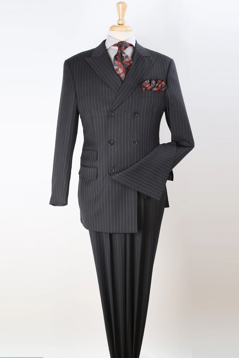 "Black Pinstripe Wool Vested Suit - Men's Double Breasted Fashion"