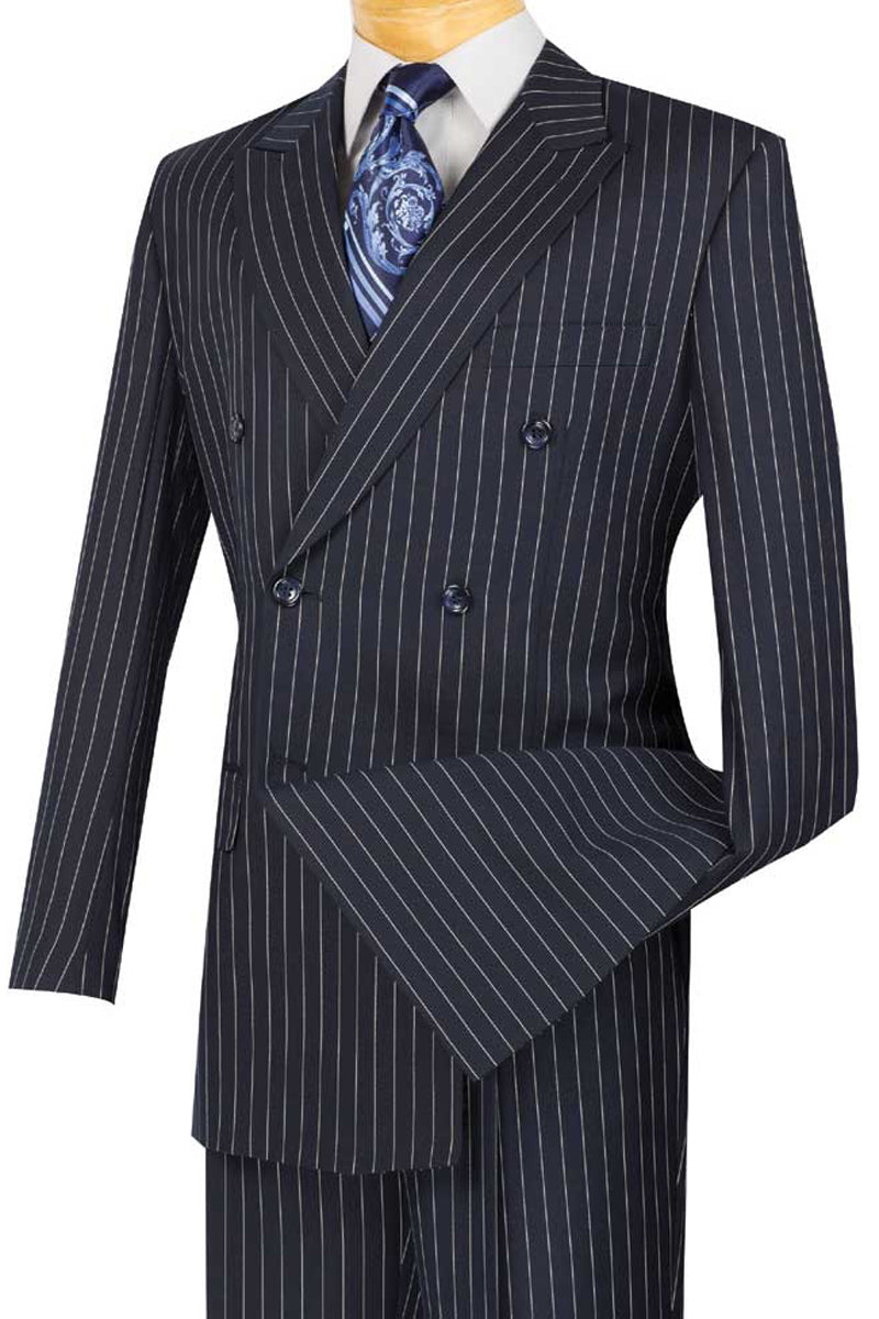 Mens Double Breasted Gangster Bold Pinstripe Suit in Navy - 36 Short