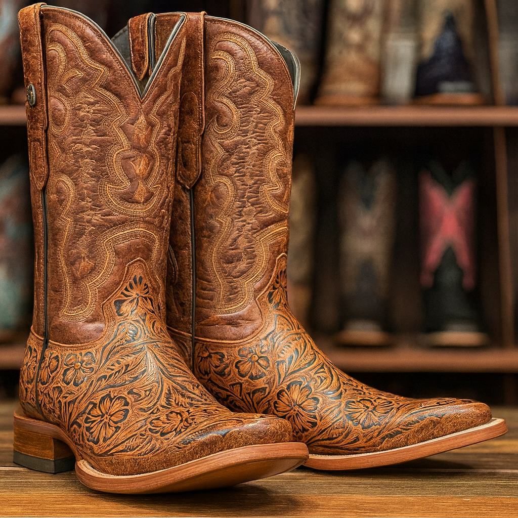 Hand Tooled Cowboy Boots Print - Cognac