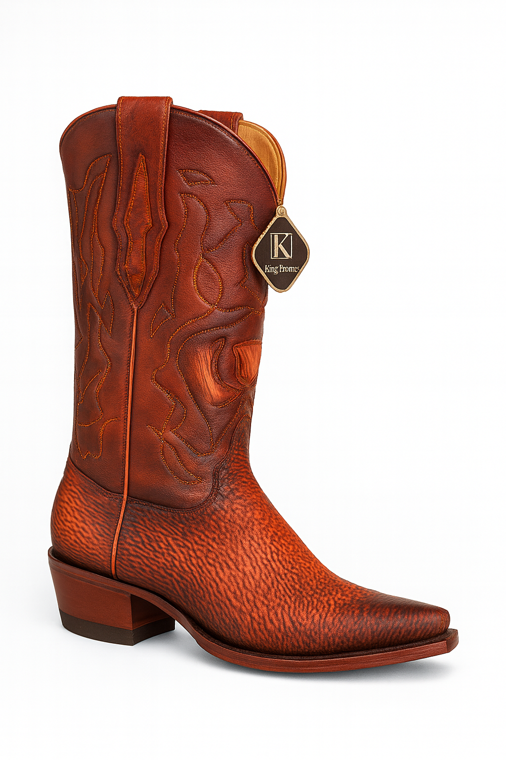 Men's King Exotic Snip Toe Sharkskin Boots Handcrafted Burnished Cognac (494RD0903) - 6 E