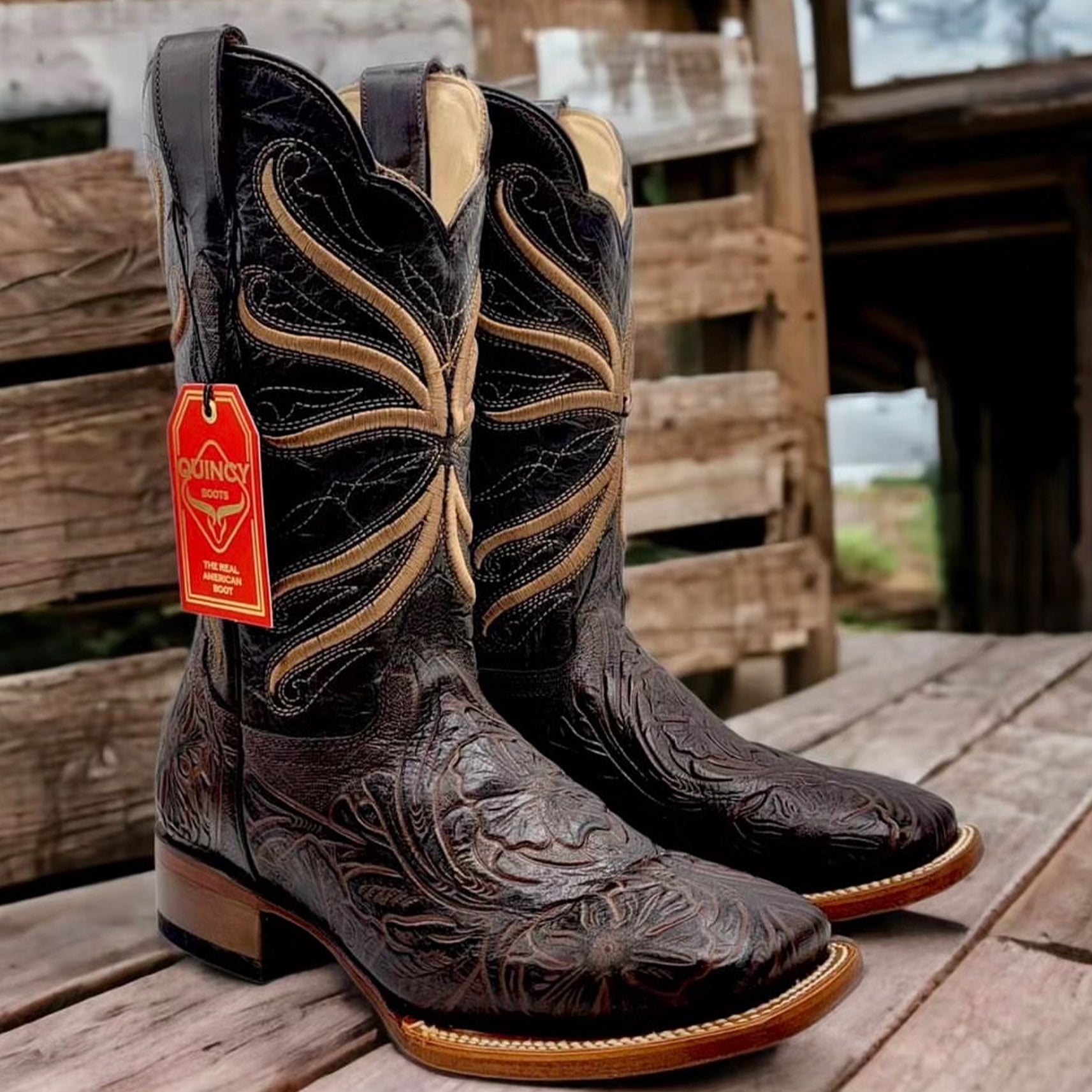 Chocolate Print Hand Tooled Cowboy Boots - EE