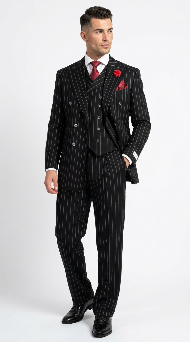 Harlem Nights Suits for Men by Tiglio – 100% Wool Double Breasted Black Pinstripe Vested Suit Wide Leg Pleated Pants Classic fit - 34 Short or Extra Small