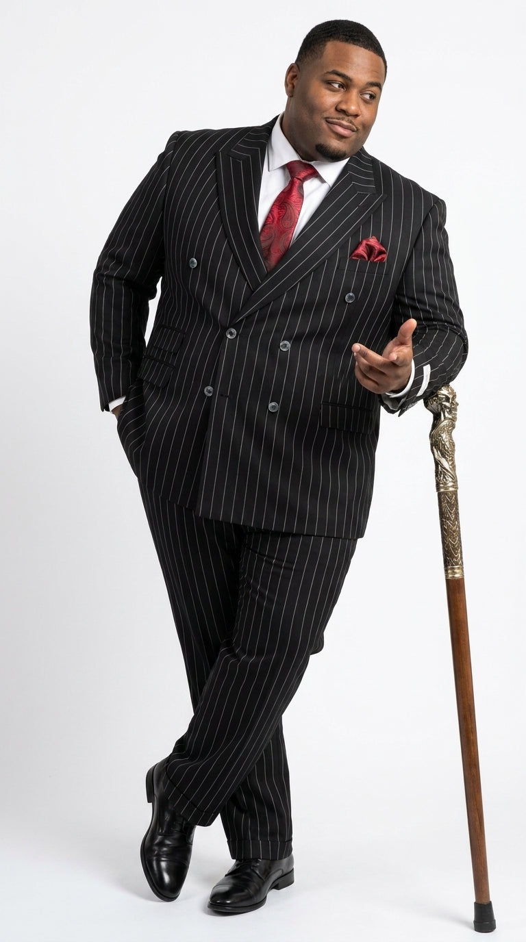Harlem Nights Suits for Men by Tiglio – 100% Wool Double Breasted Black Pinstripe Vested Suit Wide Leg Pleated Pants Classic fit - 34 Short or Extra Small