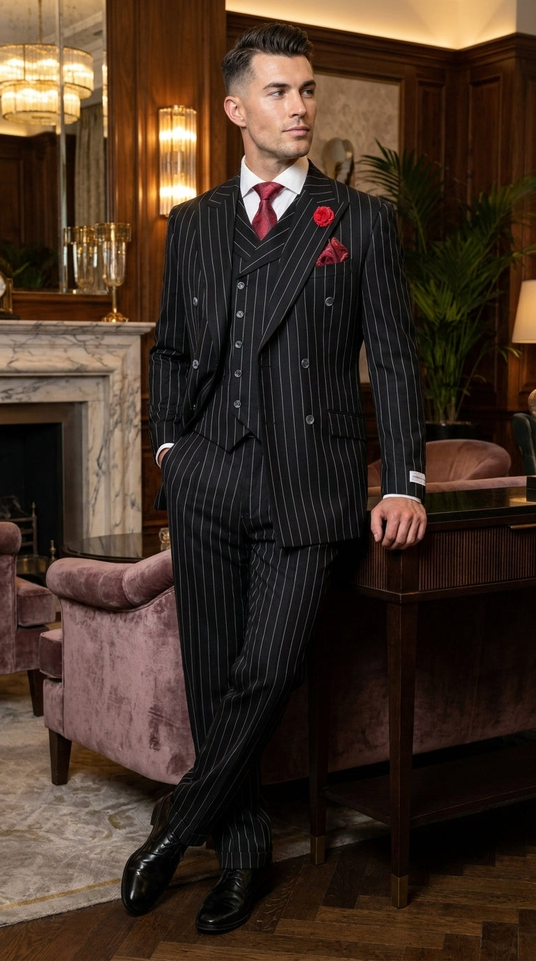 Harlem Nights Suits for Men by Tiglio – 100% Wool Double Breasted Black Pinstripe Vested Suit Wide Leg Pleated Pants Classic fit - 34 Short or Extra Small