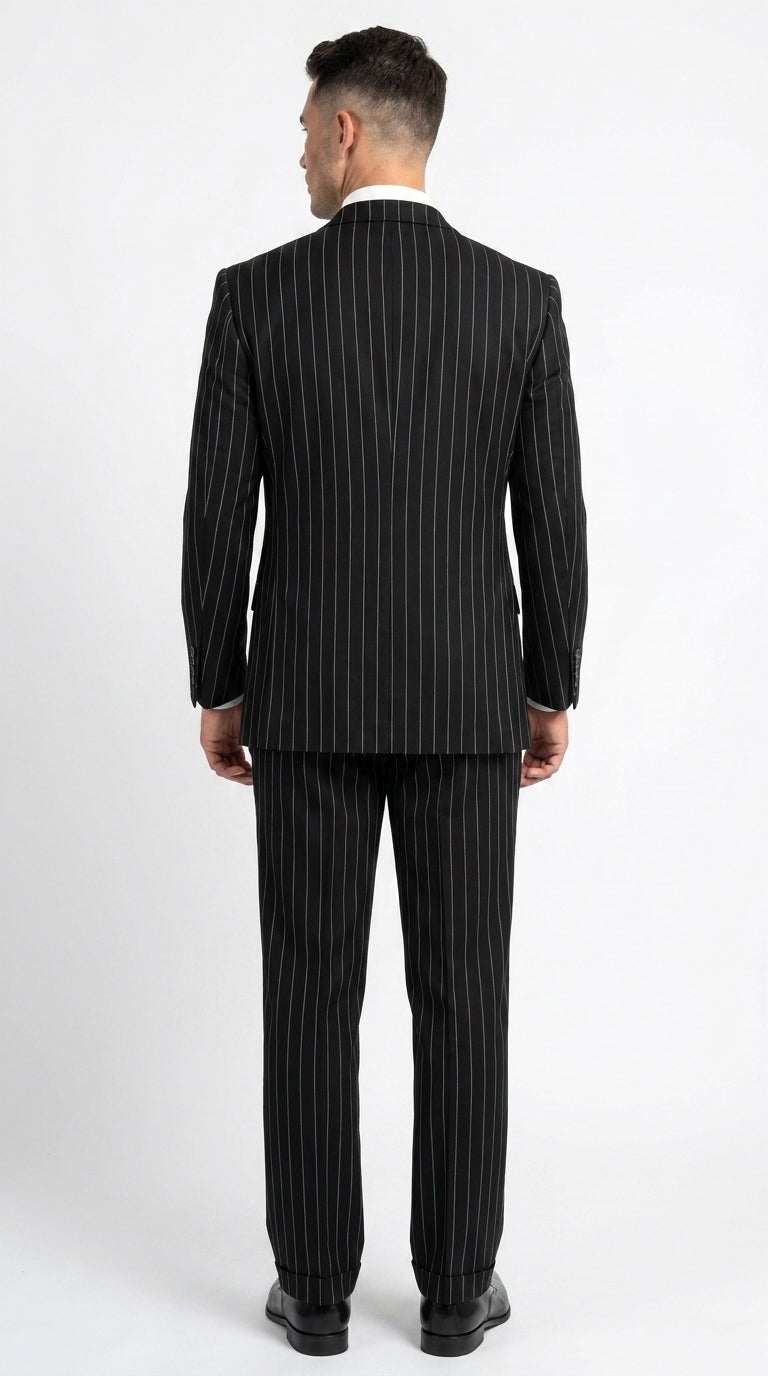Harlem Nights Suits for Men by Tiglio – 100% Wool Double Breasted Black Pinstripe Vested Suit Wide Leg Pleated Pants Classic fit - 34 Short or Extra Small