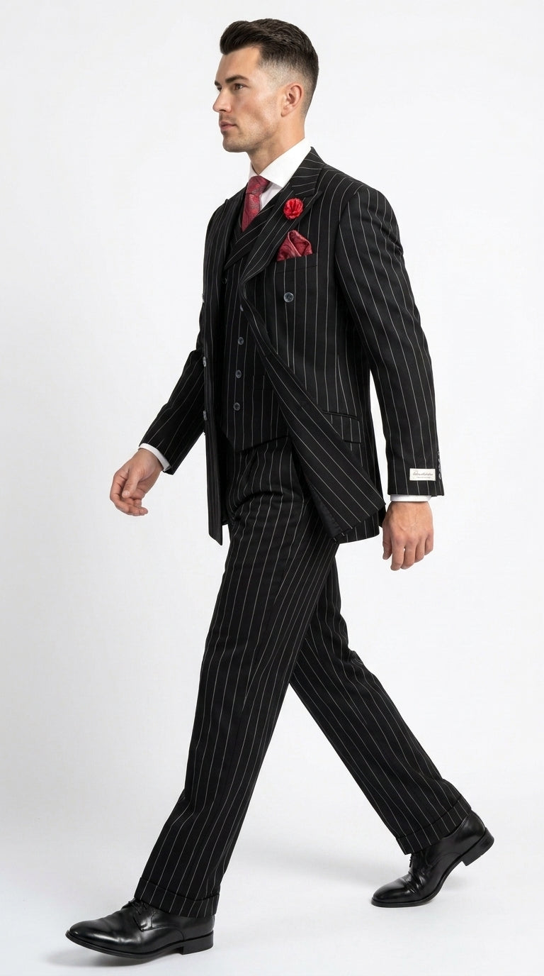 Harlem Nights Suits for Men by Tiglio – 100% Wool Double Breasted Black Pinstripe Vested Suit Wide Leg Pleated Pants Classic fit - 34 Short or Extra Small