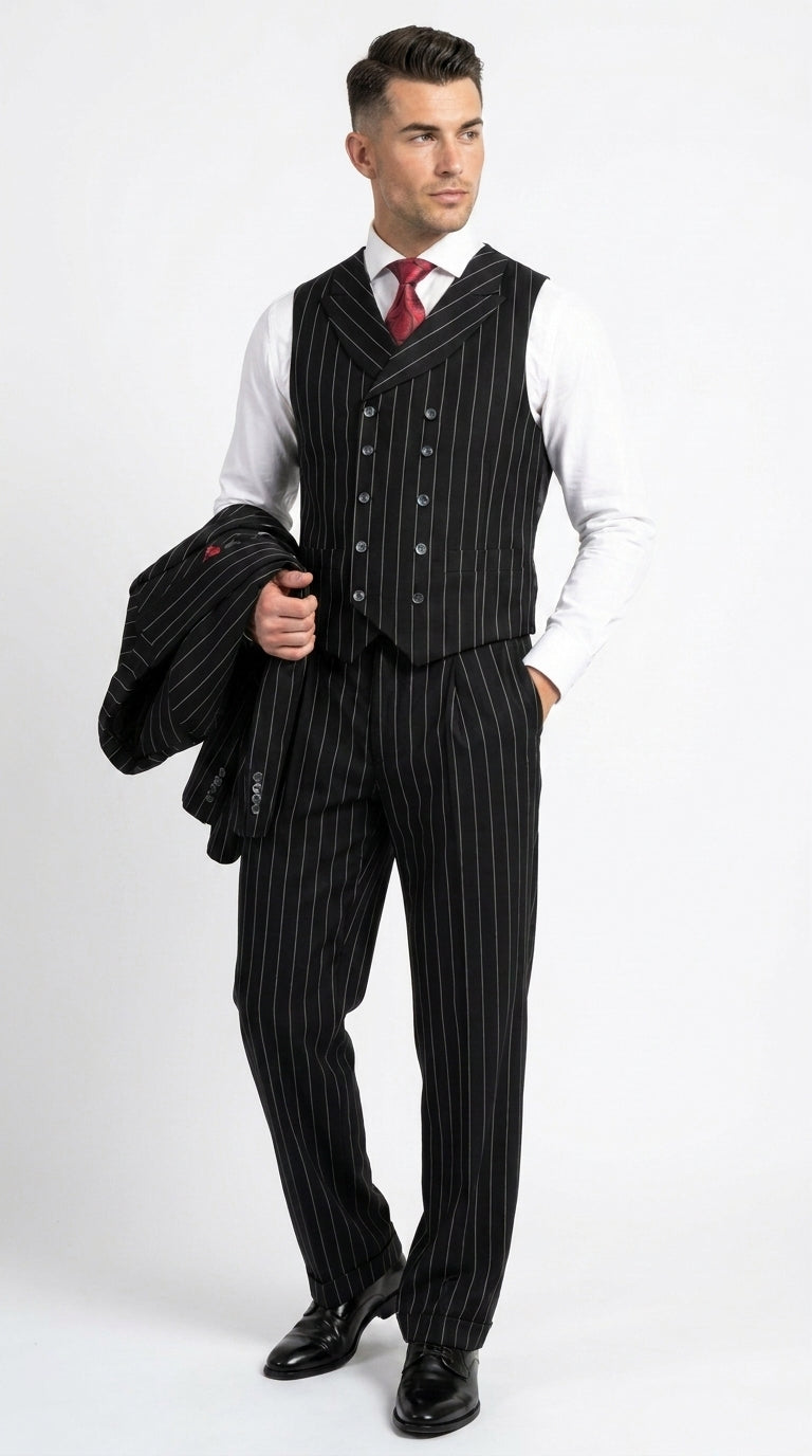 Harlem Nights Suits for Men by Tiglio – 100% Wool Double Breasted Black Pinstripe Vested Suit Wide Leg Pleated Pants Classic fit - 34 Short or Extra Small