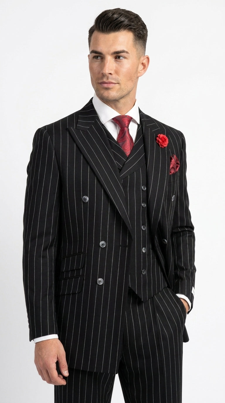 Harlem Nights Suits for Men by Tiglio – 100% Wool Double Breasted Black Pinstripe Vested Suit Wide Leg Pleated Pants Classic fit - 34 Short or Extra Small