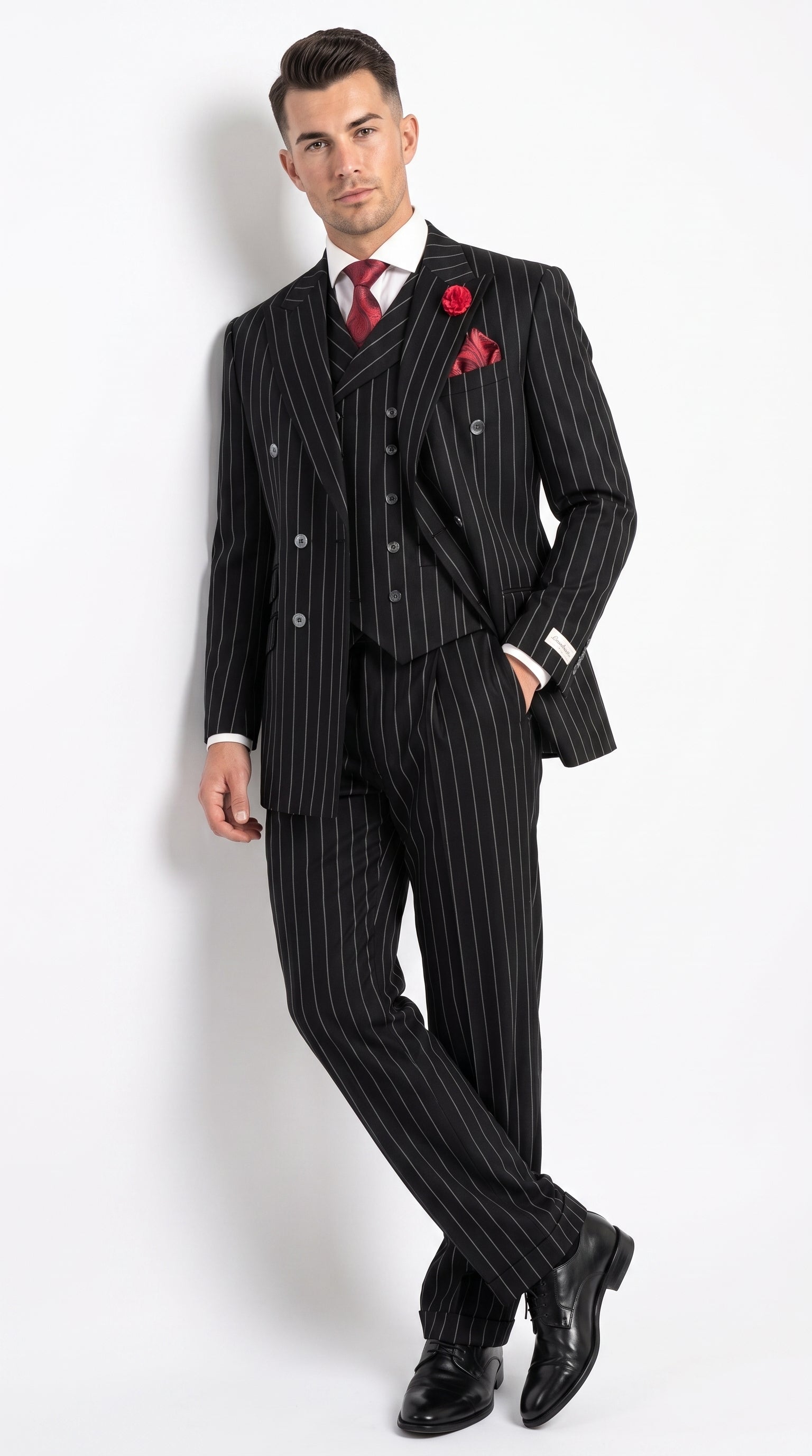 Harlem Nights Suits for Men by Tiglio – 100% Wool Double Breasted Black Pinstripe Vested Suit Wide Leg Pleated Pants Classic fit - 34 Short or Extra Small