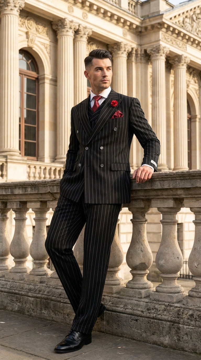 Harlem Nights Suits for Men by Tiglio – 100% Wool Double Breasted Black Pinstripe Vested Suit Wide Leg Pleated Pants Classic fit - 34 Short or Extra Small