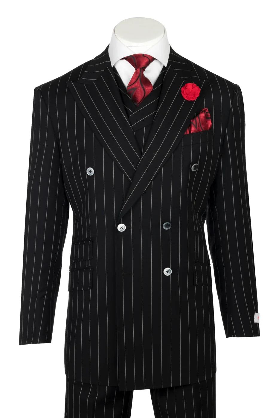 Harlem Nights Suits for Men by Tiglio – 100% Wool Double Breasted Black Pinstripe Vested Suit Wide Leg Pleated Pants Classic fit - 34 Short or Extra Small