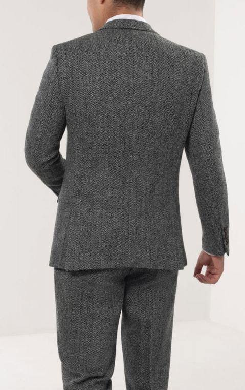 Winter - Fall Fabric Tweed of Scotland Grey Herringbone Suit - 38 Short Jacket+32 Waist Adjust 28to34)(Height: 5 4 to5 7 )(Neck  15-16.5)S-M)