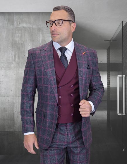 Statement Mens 100% Wool 3-Piece Suit Modern Fit with Wide Peak Lapel