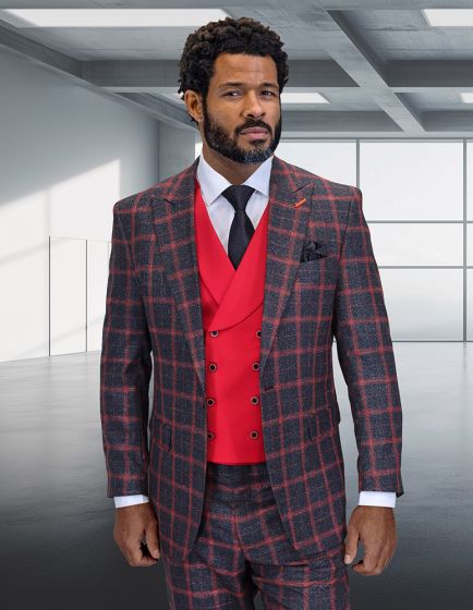 Statement Mens 100% Wool 3-Piece Suit Modern Fit with Wide Peak Lapel